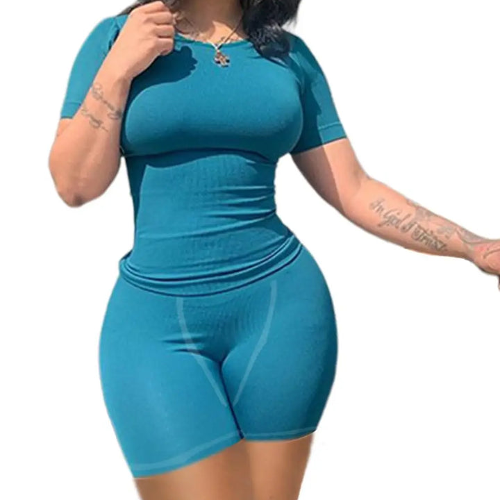 Lounge Wear Ribbed Casual 2 Piece Summer Shorts Set For Somen Short Sleeve Top+Elastic outfits