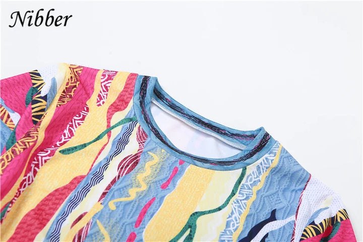 Nibber Colorful Printing Two Piece Set Women Autumn O-neck Full Sleeve Crop Tops + Matched Slim Shorts Female Outfit Street Suit