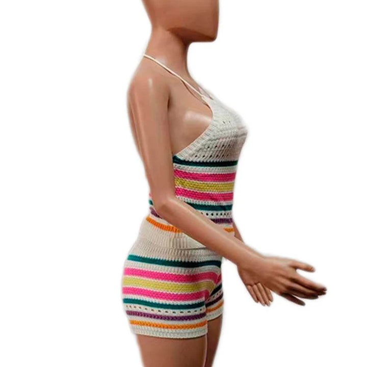 Wishyear Sexy Backless Halter Crop Top and Shorts Suit Two Piece Sets for Women Tracksuit Knitted Crochet Co Ord Summer Outfits