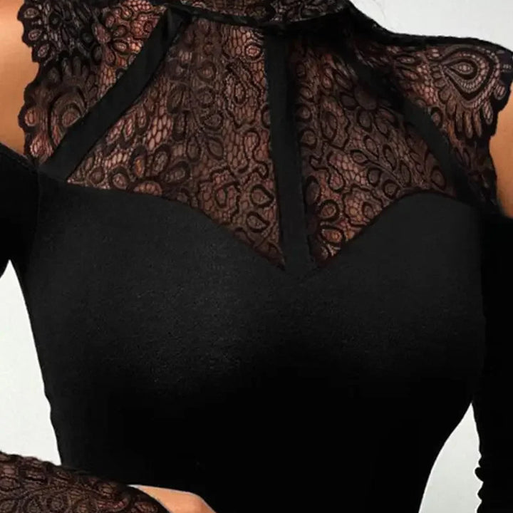Contrast Lace Long Sleeve Cold Shoulder Bodysuit Women Top Romper Solid Color Fashion Sexy Slim Skinny Bodysuits
