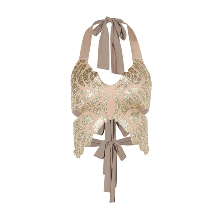 Butterfly Halter Tops Women Summer Outfits Backless Neck Mounted Golden Y2k Clothes Slim Sleeveless Ropa De Mujer