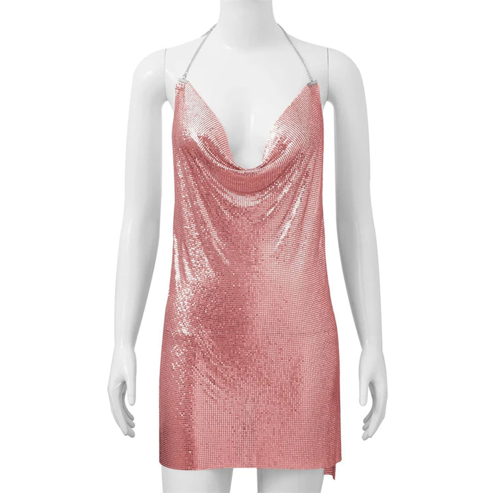 Sexy Silver Sequin Mini Dress For Women Accessories Sleeveless Metal Body Chain Party Dress Women Backless Split Evening Vestido
