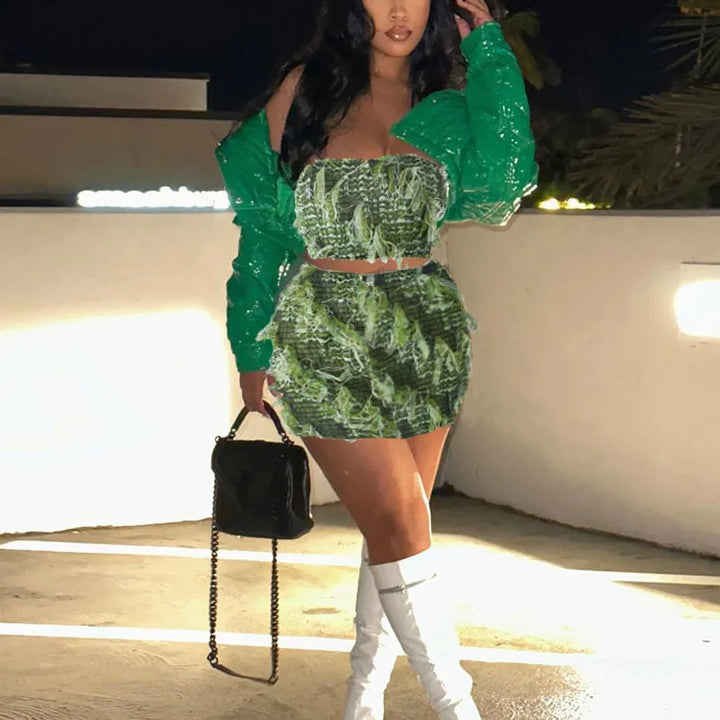 kliou Stacked Crochet 2 Piece Set Women Panelled Patchwork Wrapped Chest Crop Tanks+Sheer Slim Mini Skirts Female Street Outfits