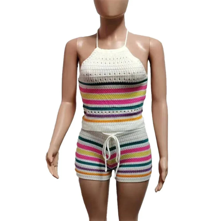 Women Suits Hhanging Neck Lace-up Sleeveless Backless Tops Female Casual Knitted Rainbow Stripes Two Piece Sets Slim Fit Shorts