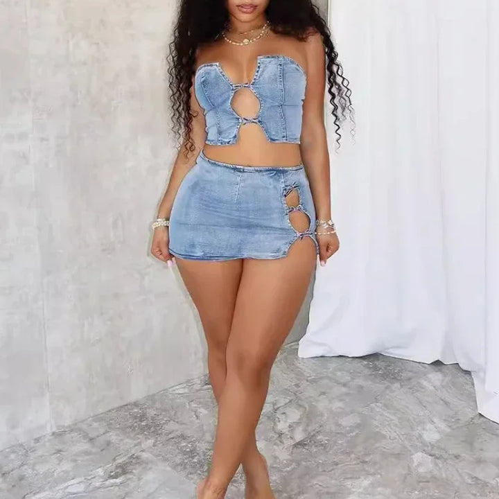 CM.YAYA Women Set Sleeveless Denim Strapless Tops and Mini Skirt Suits 2024 Sexy Hollow Out Beach Street Two 2 Piece Set Outfits