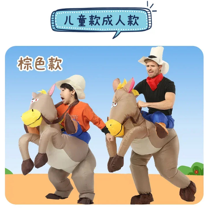 Adult Children Western Cowboy Riding Inflatable Costume Little Grey Horse Bull Riding Bar Halloween Show Out Dress
