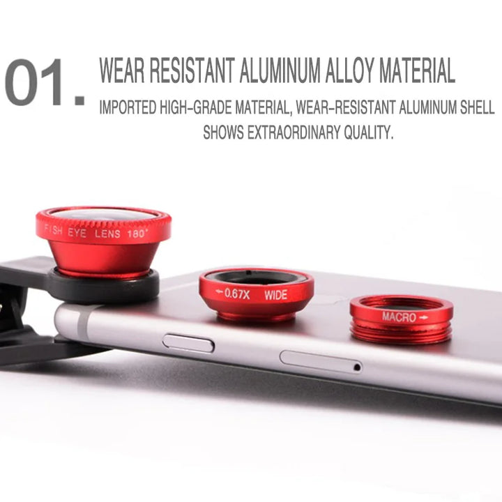 3 in 1 Fisheye Wide Angle Micro Camera Lens for iPhone 0.67X Wide Angle Zoom Fish Eye Len on Smartphone Lenses with Phone Clip