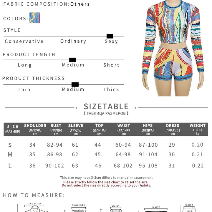 Nibber Colorful Printing Two Piece Set Women Autumn O-neck Full Sleeve Crop Tops + Matched Slim Shorts Female Outfit Street Suit