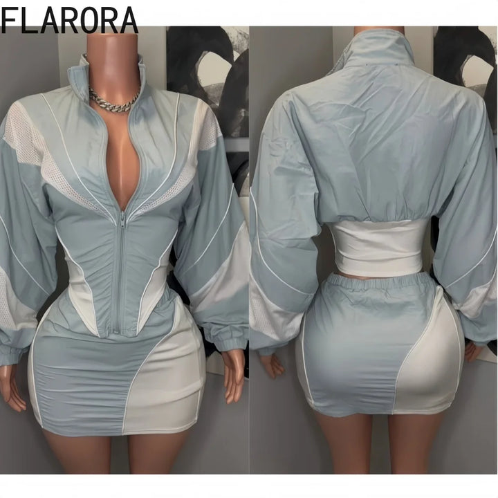 FLARORA Fashion Patchwork 2Pcs Sets Woman Long Sleeve Zipper Irregular Crop Jacket And Skinny Mini Skirts Streetwear Outfits New