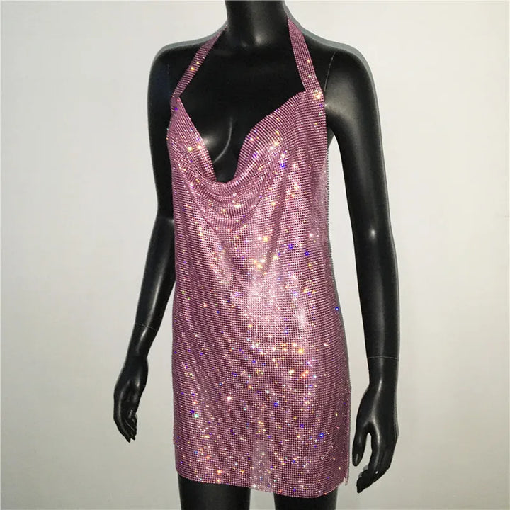Bling Rhinestone Backless Dress Sexy Deep V Neck Sleeveless Side Split Halter Dress Nightclub Party Evening Dresses