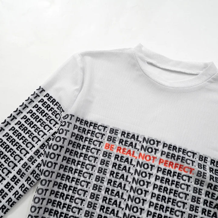 Letter Printed Mesh Transparent Women Panelled Newspaper Long Sleeve Round Neck T-Shirts