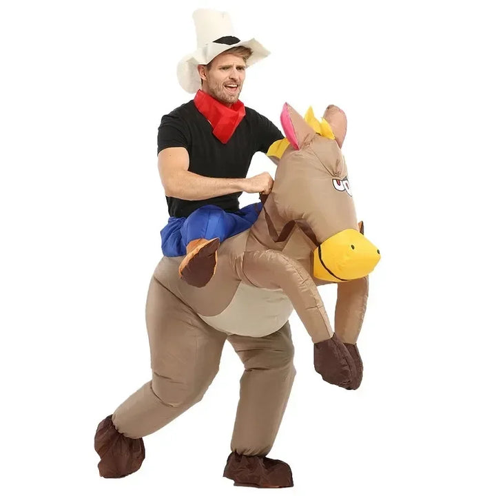 Adult Children Western Cowboy Riding Inflatable Costume Little Grey Horse Bull Riding Bar Halloween Show Out Dress
