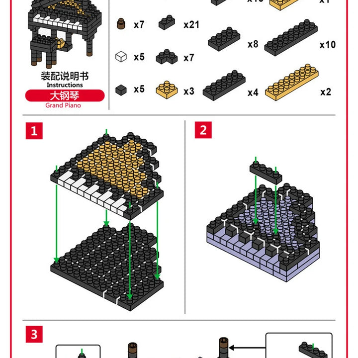 MOC Musical Instrument Building Blocks Music Series ABS Plastic Mini Piano Guitar DIY Assembly Bricks Children Educational Toys
