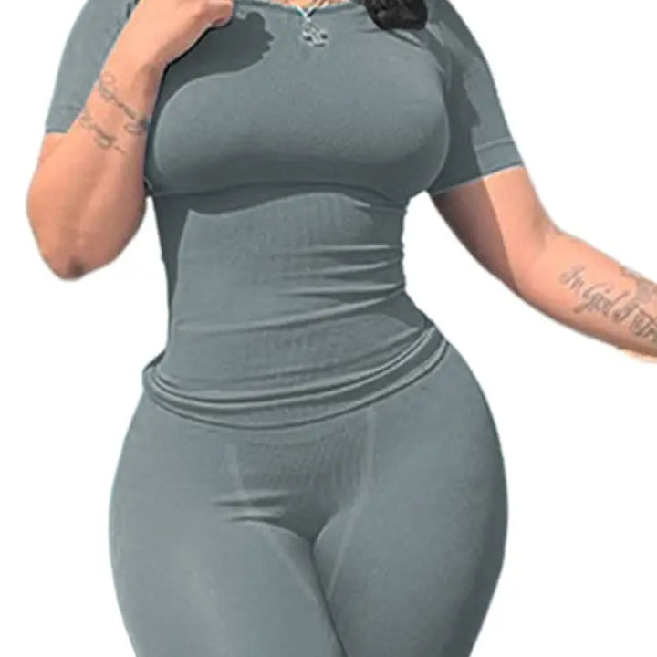 Lounge Wear Ribbed Casual 2 Piece Summer Shorts Set For Somen Short Sleeve Top+Elastic outfits