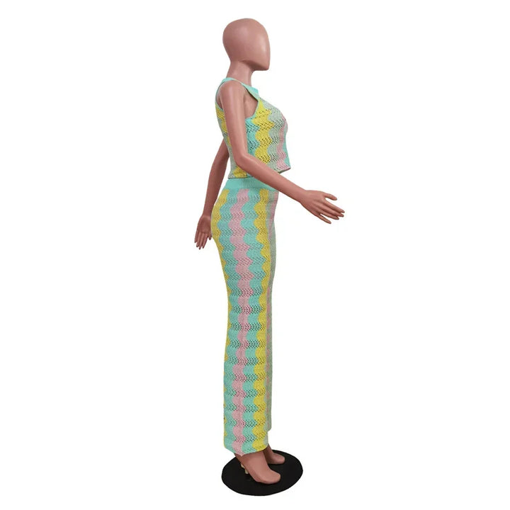 Knitted Striped 2 Piece Sets Women Outfit Summer Beach Vacation Sleeveless Crop Top and Flare Pants Matching Sets Club Party