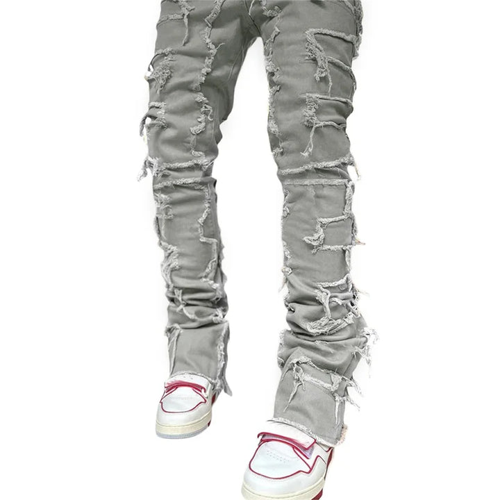 Men Skinny Pants Vintage Patch Frayed Denim Pants Spring Fall Casual Leggings Trousers with Pockets