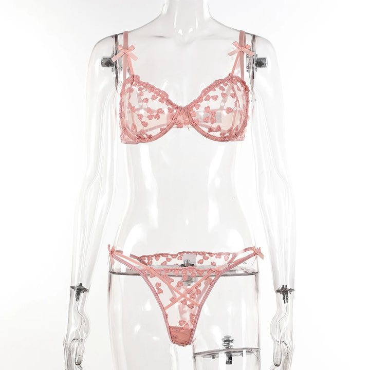 Yimunancy Heart Embroidery Lingerie Set Women 2-Piece Transparent Bow Bra + Brief Underwear Set Erotic Intimates