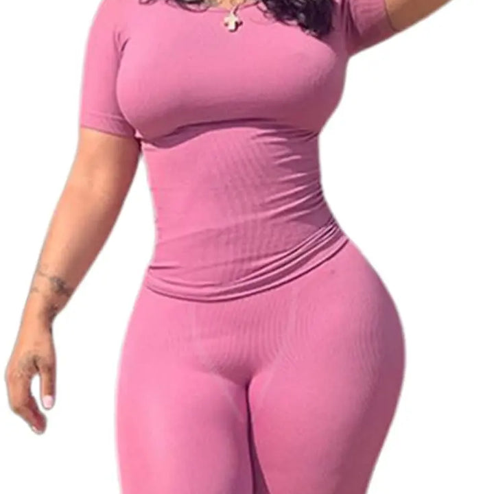 Lounge Wear Ribbed Casual 2 Piece Summer Shorts Set For Somen Short Sleeve Top+Elastic outfits