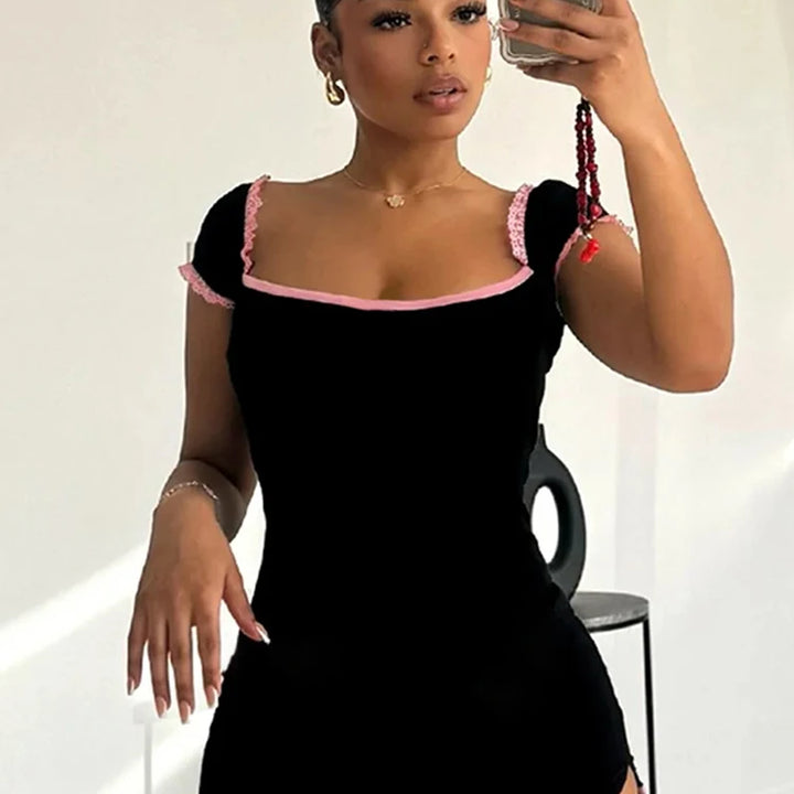 kliou Classic Patchwork Women Playsuits Casual Fashion Lace Trim Square Neck Short Sleeve Stretch Rompers Girls Daily Streetwear