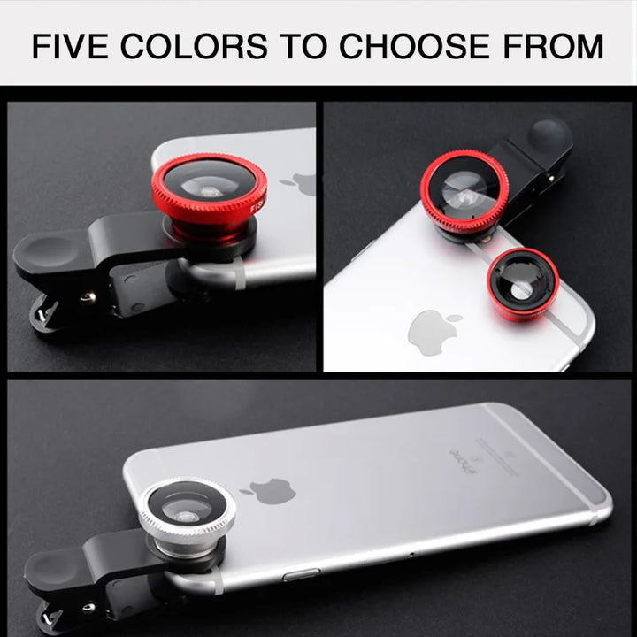 3 in 1 Fisheye Wide Angle Micro Camera Lens for iPhone 0.67X Wide Angle Zoom Fish Eye Len on Smartphone Lenses with Phone Clip