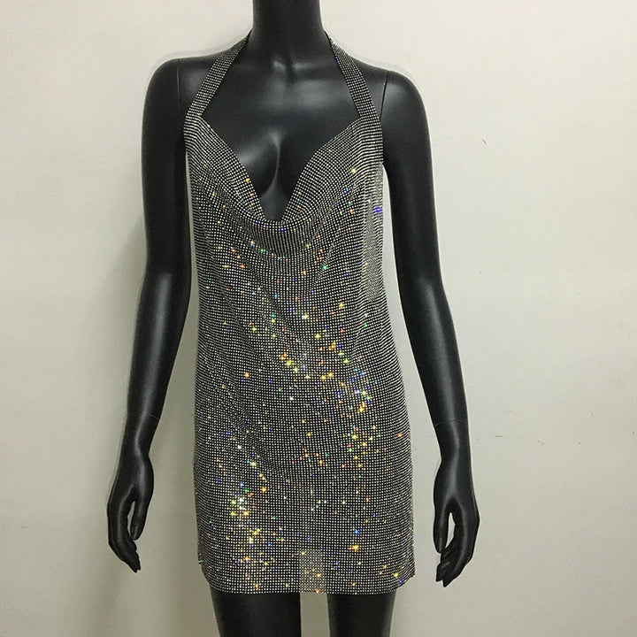 Bling Rhinestone Backless Dress Sexy Deep V Neck Sleeveless Side Split Halter Dress Nightclub Party Evening Dresses