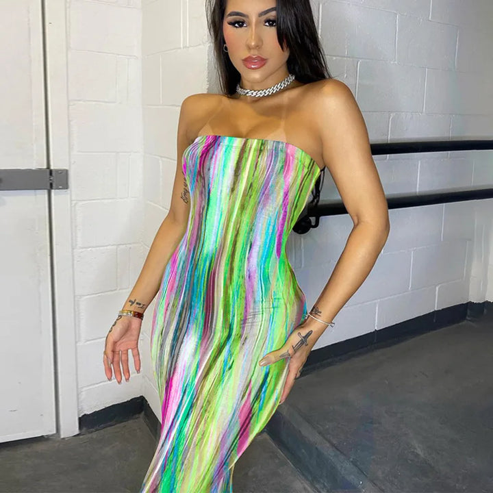 Spring/Summer Women's Colorful Tie Dye Print Off Shoulder Wrapped Chest Dress