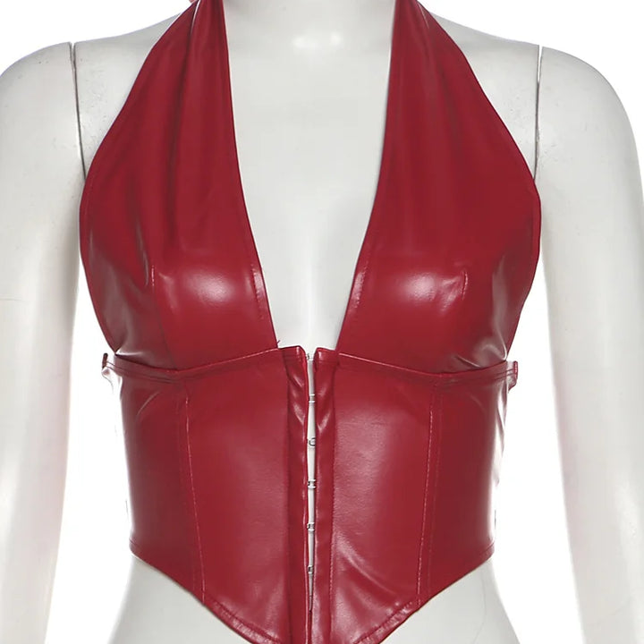 Weird Puss Leather Y2K Summer Tank Tops Woman Halter Sexy V-Neck Hottie Straps Solid Trend Chic Fashion Party Skinny Streetwear