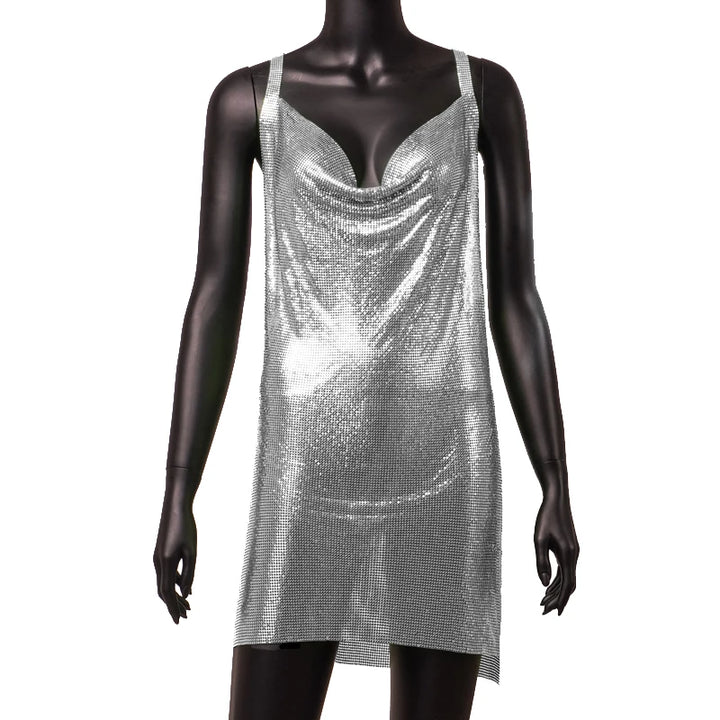 90s Rave Outfit Glitter V-Neck Lace Up Sequins Dress Y2K Clubwear Sexy Backless Bodycon Metal Mini Dress Party Cloth Vestidos