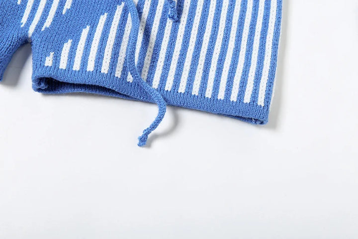 Nibber Crochet Bandage Playsuits Women Low-Neck Contrast Striped Patchwork Long Sleeve Autumn Fit Trend Vacation Skinny Romper