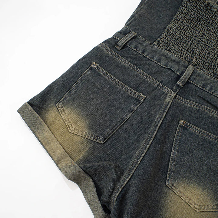 Sexy Blue Lapel Deep V Zipper Jumpsuit For Women Sleeveless Backless High Waist Hemmed Shorts Leisure Party Club Denim Jumpsuit