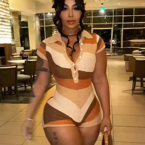 Laxsesu Irregular Contrast Romper Women Knit Stretch Polo Neck Single-Breasted Shorts Sleeve Skinny Slim Playsuits Streetwear