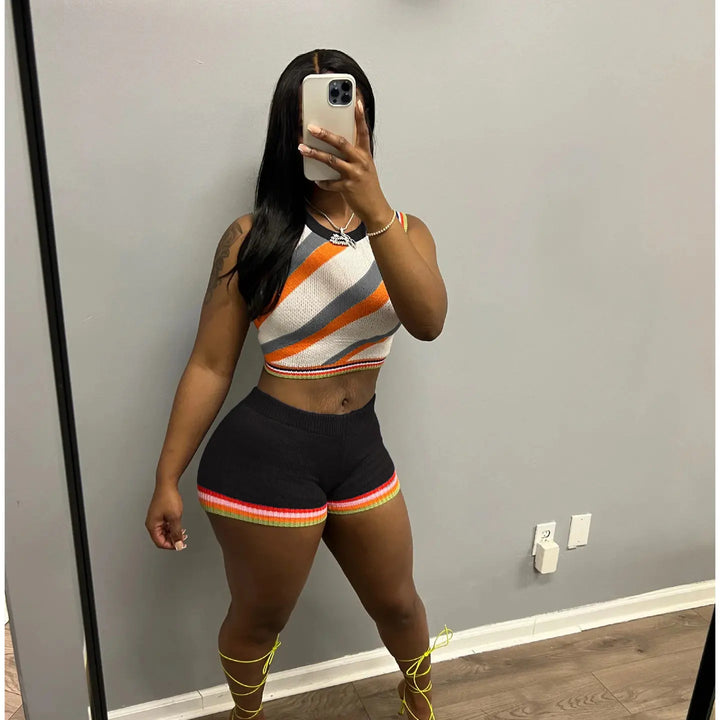 CM.YAYA Knit Ribbed Fashion Women's Set Striped Tank Top and Shorts Suit 2023 Summer Chic Two 2 Piece Set Outfit Tracksuit