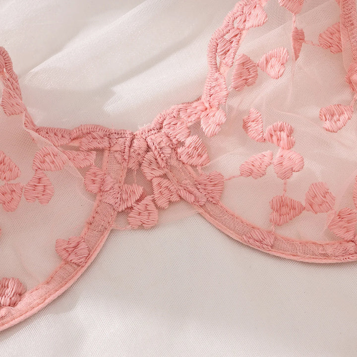 Yimunancy Heart Embroidery Lingerie Set Women 2-Piece Transparent Bow Bra + Brief Underwear Set Erotic Intimates