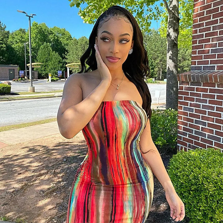 Spring/Summer Women's Colorful Tie Dye Print Off Shoulder Wrapped Chest Dress