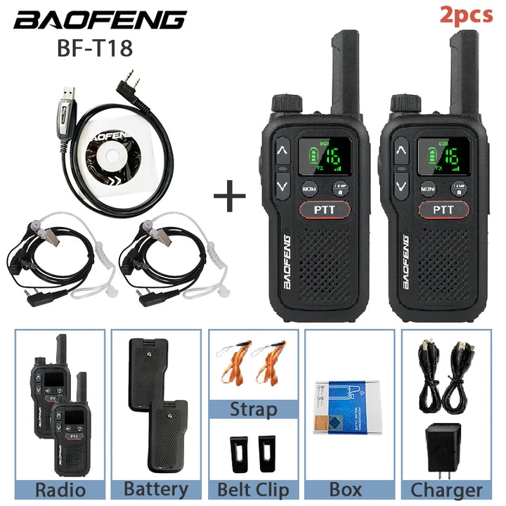 BF-T18 Baofeng Mini Walkie Talkie UHF 400-470MHz USB Charge Portable Two Way Radio 2 PTT Button 16 Channels Long Range Ham Radio