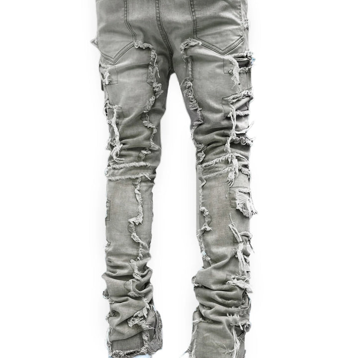 Men Skinny Pants Vintage Patch Frayed Denim Pants Spring Fall Casual Leggings Trousers with Pockets