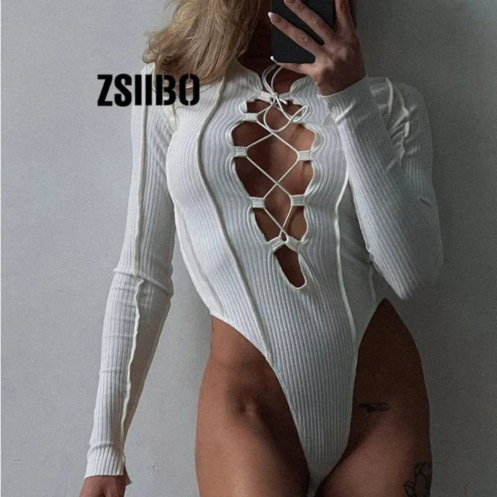 Y2k Women Ribbed Knitted Long Sleeve Tie Up Sexy Bodysuit Bandage Patchwork Bodycon Club Party Body Outfit  Waist jumpsuit Top