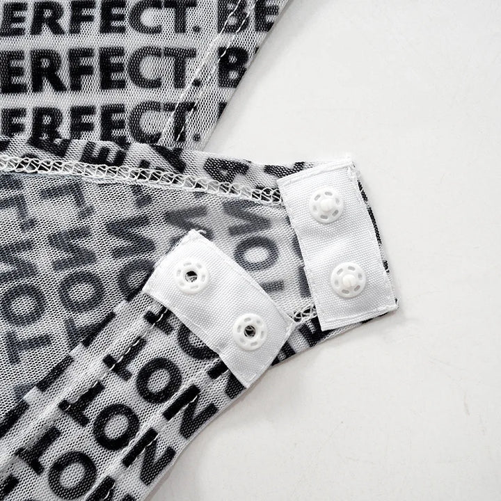 Letter Printed Mesh Transparent Women Panelled Newspaper Long Sleeve Round Neck T-Shirts