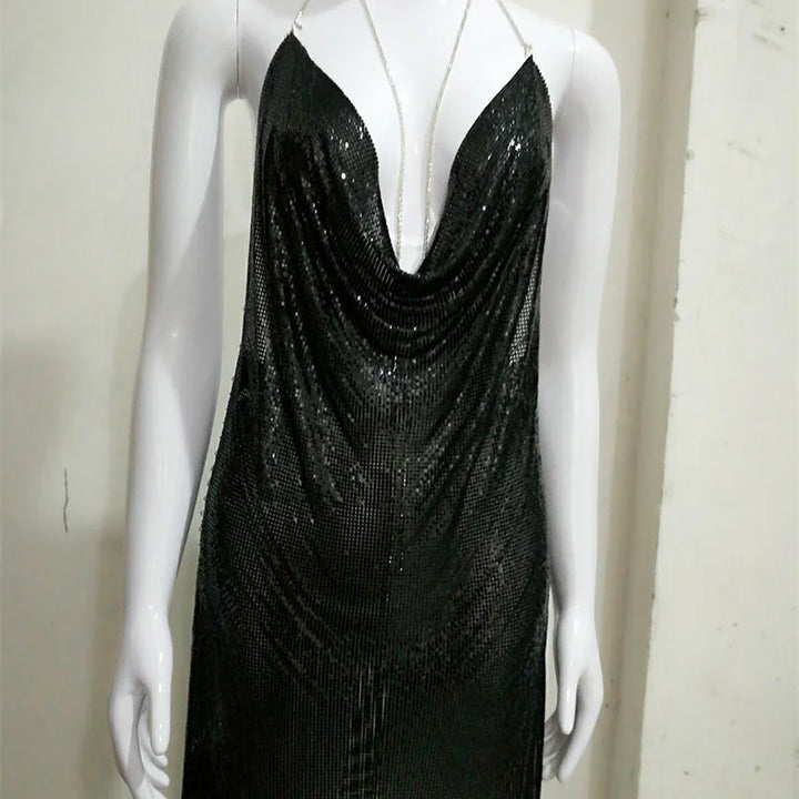 Travel Dress for Women Sexy Metal Beautiful Girl Birthday Party Dresses Nigh Club Take Photos Clothing Slit Halter Neck Vestidos