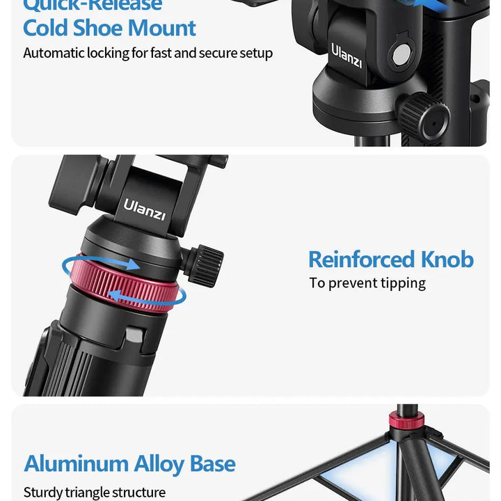 Ulanzi MT-78 Quick-Release Tripod with Cold Shoe Mount 1.85M Height with Flexible Ball Head for Selfie Vlogging Live Photograph