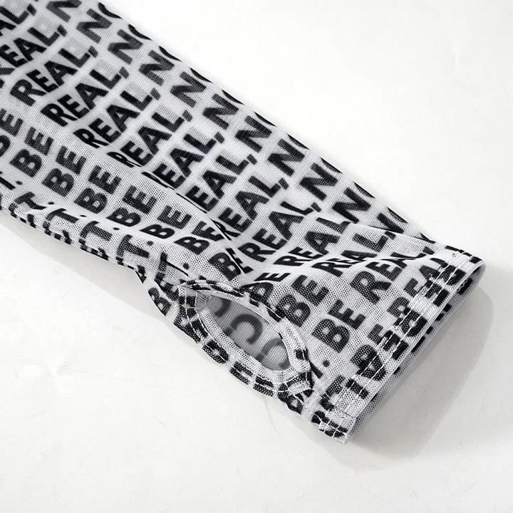 Letter Printed Mesh Transparent Women Panelled Newspaper Long Sleeve Round Neck T-Shirts