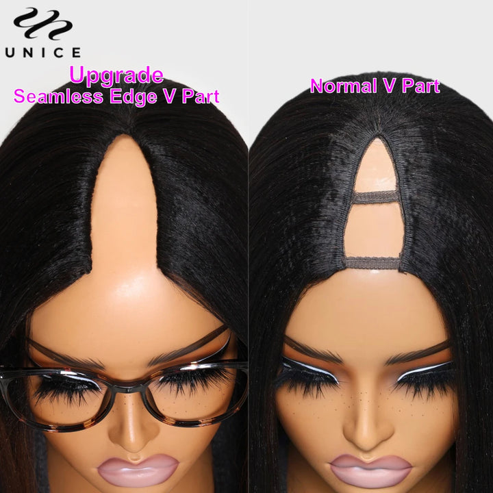 UNice Hair Ombre Brown Yaki Straight V Part Wig 100% Human Hair Upgrade U Part Wig Easy Blend Super Natural Human Hair Wigs