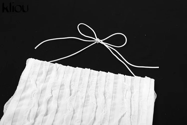 kliou Stacked Ruched 2 Piece Set Women Solid Halter Bandage Irregulary Camis+Tie Dye Vintage Mini Skirts Female Sexy Attirewear