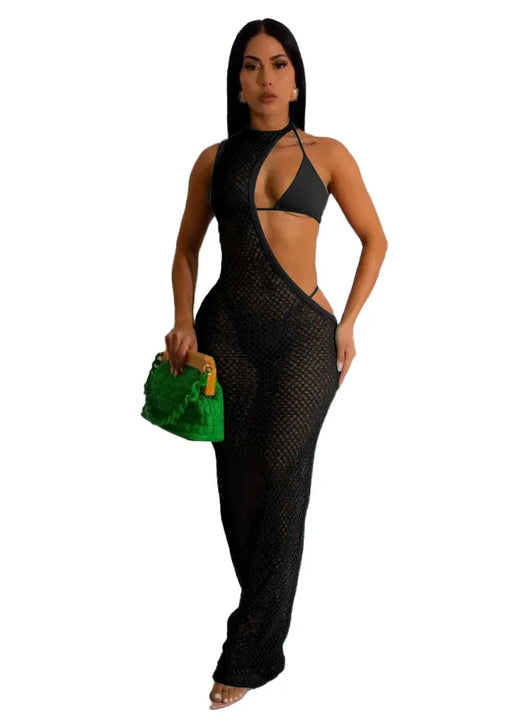 New Women's Classic Clothes Sexy 3 Piece Set Sexy Fishing Net Halter One Shoulder Dress and Bikini Set Beach Dress