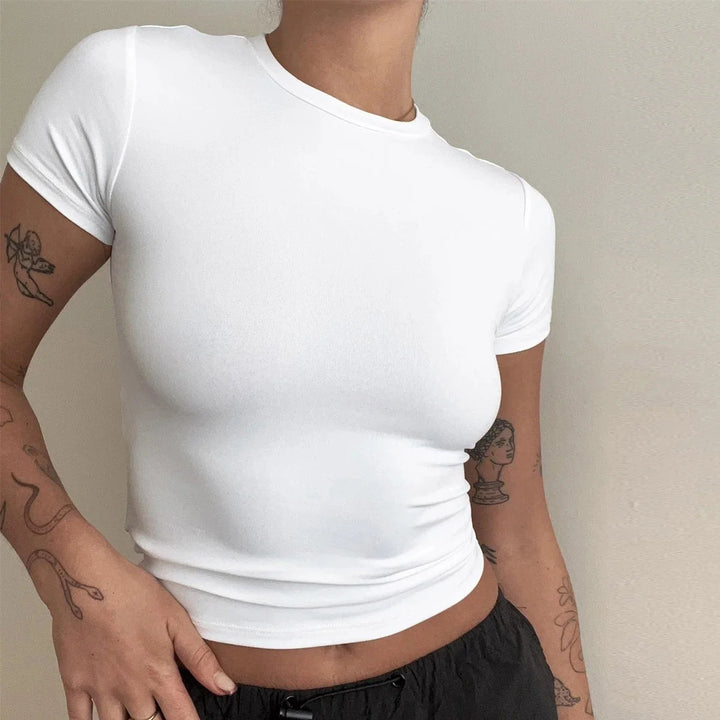 Casual Basic T-Shirts For Women Spring Summer New Short Sleeve O Neck Top Solid Simple Y2k Tees Lady Pullover Crop Tops Street