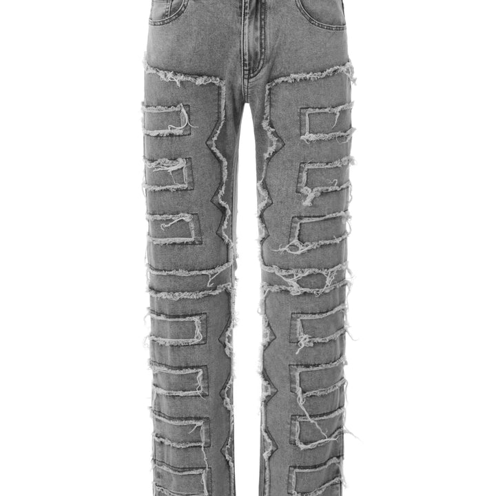Men Skinny Pants Vintage Patch Frayed Denim Pants Spring Fall Casual Leggings Trousers with Pockets