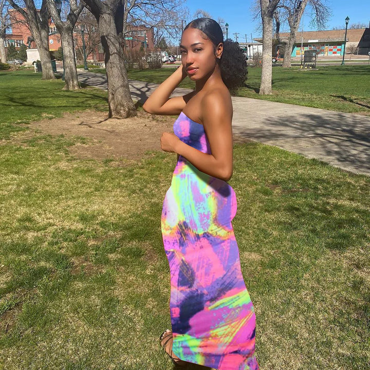 Spring And Summer Dresses For Women Chest Wrap Printed Off Shoulder Bandage Slim Sexy Long Dress 2023 New Fashion party MsChuh