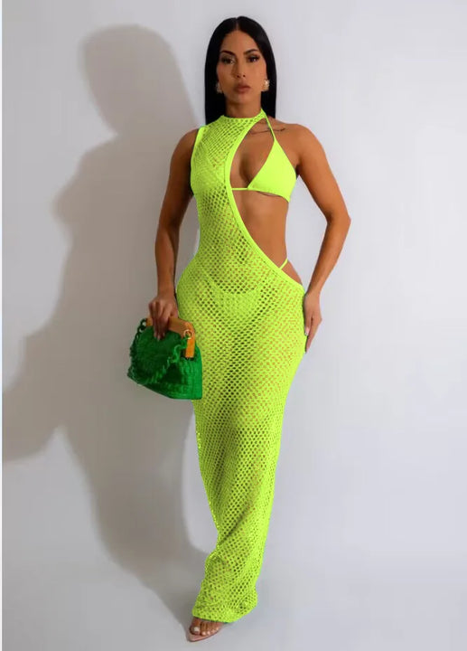 New Women's Classic Clothes Sexy 3 Piece Set Sexy Fishing Net Halter One Shoulder Dress and Bikini Set Beach Dress