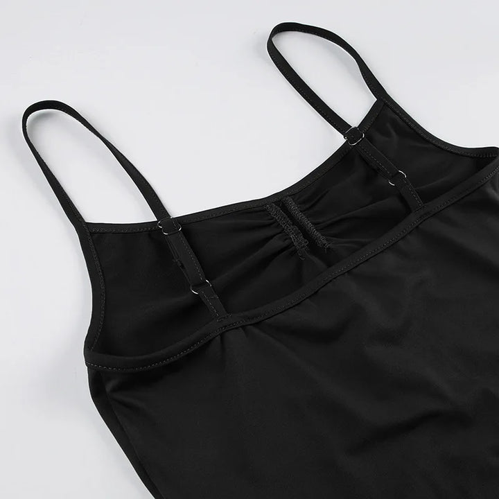Sweetown Women's Sleeveless Skinny Shirring Bodysuit Spaghetti Strap Black Solid Simple Basic Sexy Camisole for Vacation