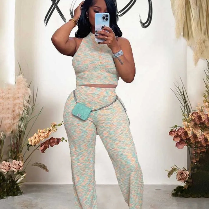 2 Piece Sets Womens Outfits Elegant Stretchy Knitted Summer Suit Sexy Sleeveless Top and Pant Suit Wholesale Dropshipping